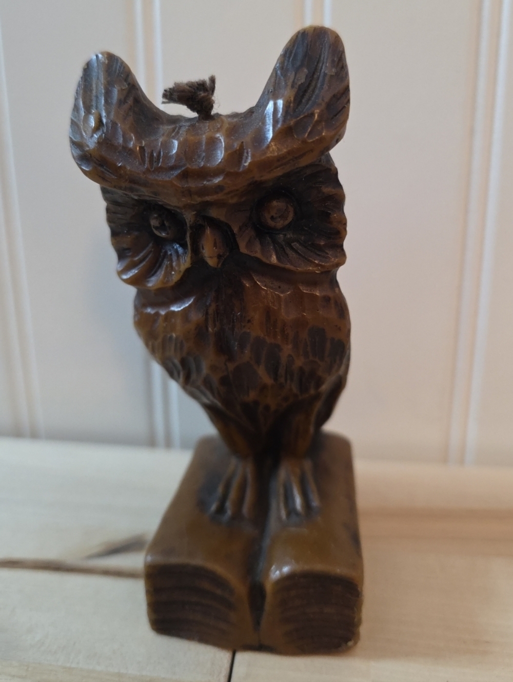 Vintage 5" Owl Shaped Candle Book Shaped Base Brown Wax